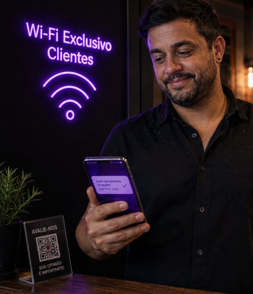 Comerciante recebendo notificação de novo agendamento pelo Wi-Fi Fiber, com letreiro Wi-Fi Exclusivo Clientes