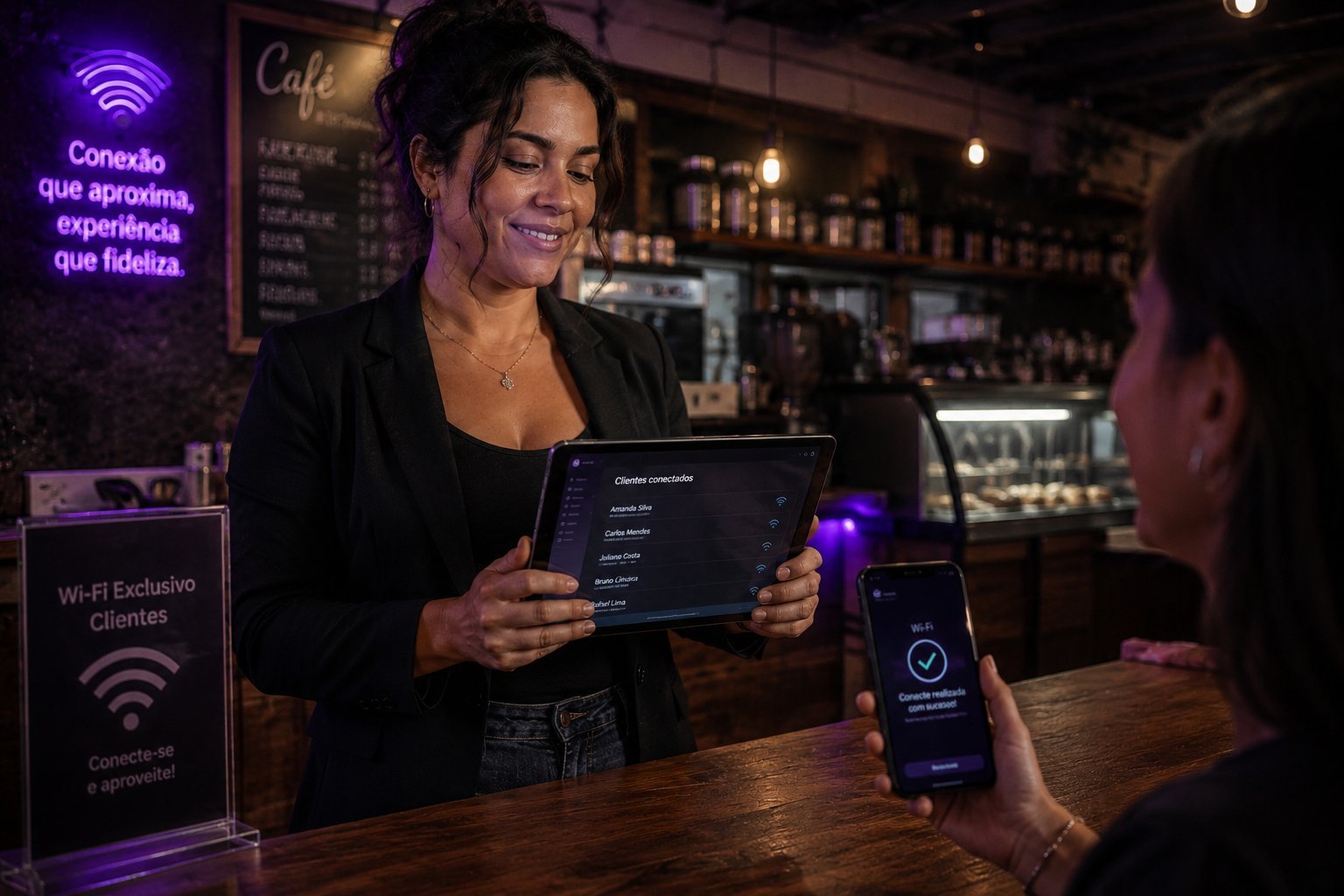 Comerciante mostrando painel de clientes conectados ao Wi-Fi Fiber para cliente, com letreiro Café e Wi-Fi Exclusivo Clientes
