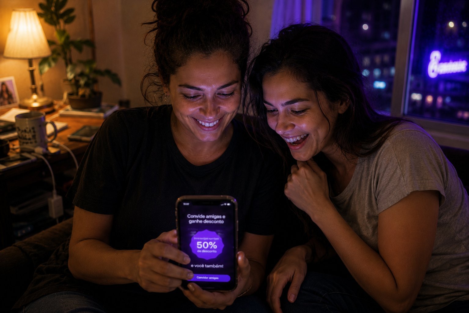Amigas comemorando desconto de indicação Fiber, na sala de casa